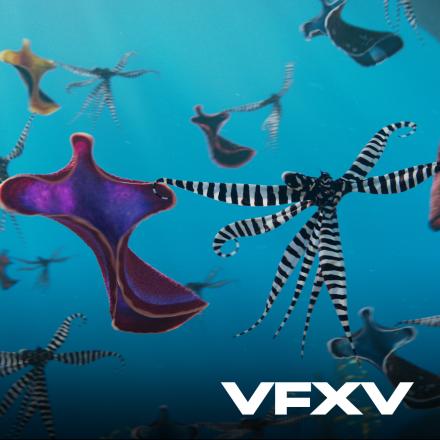 Two animated sea creatures dancing with other sea creatures in the background. The VFX Voice logo is in the bottom right corner. 
