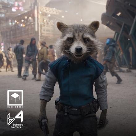 A raccoon is walking towards us in a space port setting.