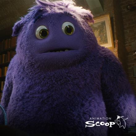 A big purple fluffy animated creature stood under a ceiling light, there is the Animation Scoop logo in the bottom right corner. 