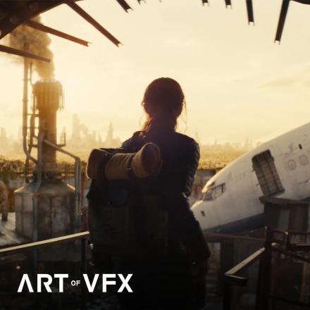 The silhouette of a woman standing in an opening looking out over a destroyed landscape. 