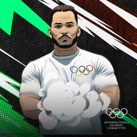 A cartoon man standing against a black, white and green background with a puff of smoke in front of him.