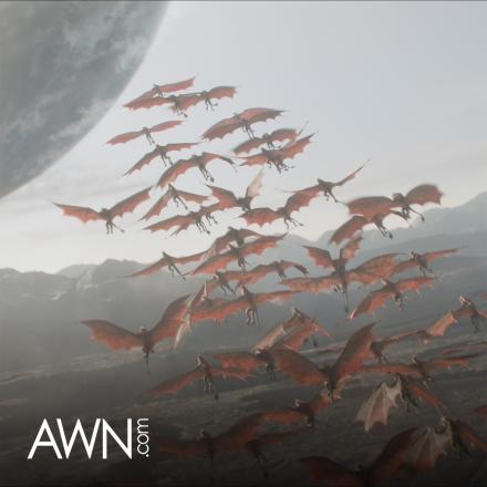 A group of pinkish flying creatures flying toward a planet in the sky. 