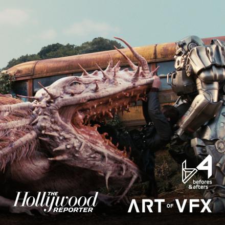 A large pink amphibious creature swallowing a solider who is being pulled out by a large robotic armoured man. 