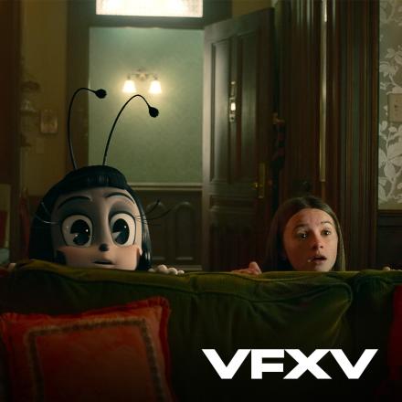 An animated butterfly woman and a young girl hiding behind a sofa.
