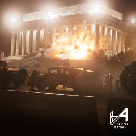 The White House buidling lit up with floodlights, there is an explosion happening to the right of the building