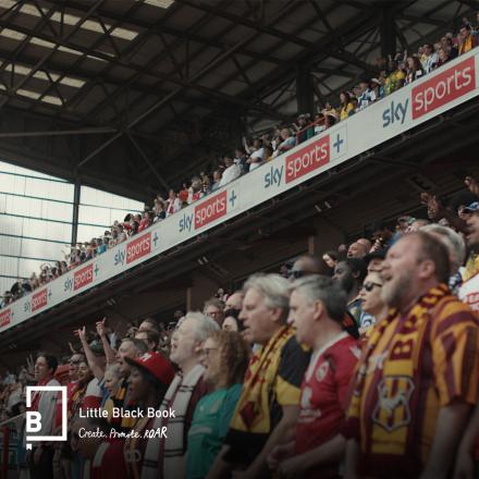 A crowd of football fans standing in the stands of the stadium.