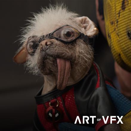 Dogpool wearing a red Deadpool suit and a pair of goggles that enlarge the dogs eyes. 