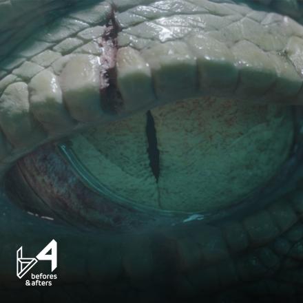 A close up of a CGI alligator's eye with the Befores and Afters logo in the bottom left corner. 