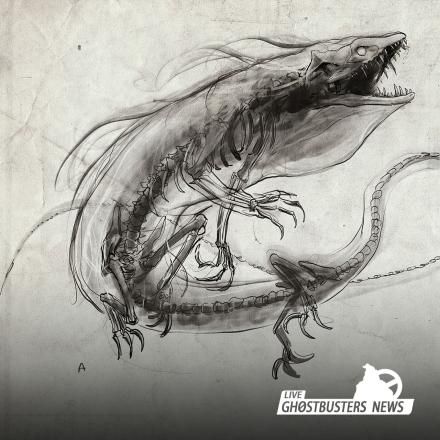 A concept art image of a dragon-like creature with the Ghostbusters News logo in the bottom right. 