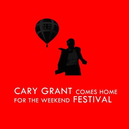 A red background with the Cary Grant Festival logo in black and white in the centre.