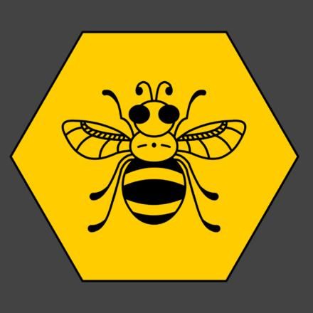 A yellow hexagon with a black bee illustration inside on a dark grey background. 