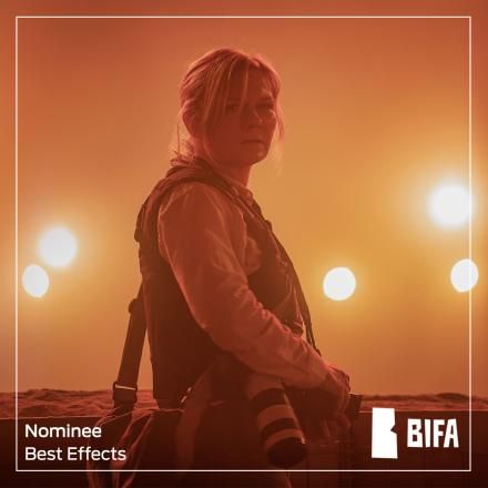 A female journalist from the film Civil War lit from behind with orange light, there is a white frame and the BIFA logo.