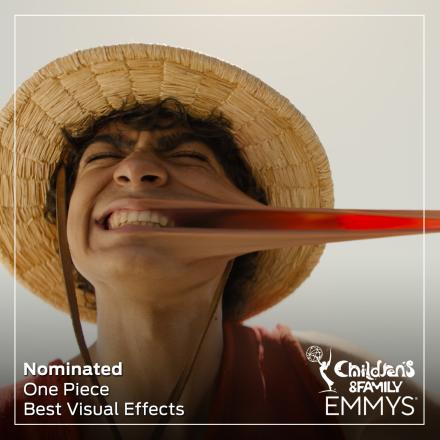 A still from One Piece of Monkey D. Luffy showing VFX pulling the elastic skin of his cheek to the right