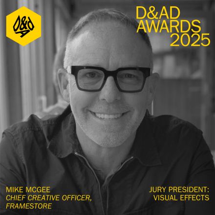 Black and white image of Mike McGee with yellow D&AD logo top left corner