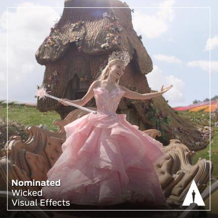 Ariana Grande as Glinda in Wicked, with text overlaid that reads "Nominated: Wicked, Best Visual Effects"