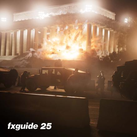 Still from Civil War film of explosion with fxguide25 logo bottom left corner