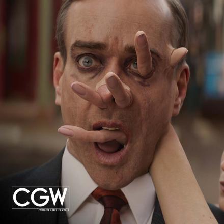 Still from Deadpool and Wolverine film VFX Cassandra's fingers through Paradox' face. CGW logo bottom left