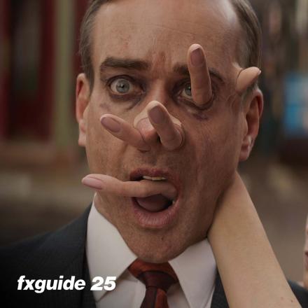 Still from Deadpool & Wolverine film of fingers through the face. fxguide25 logo bottom left