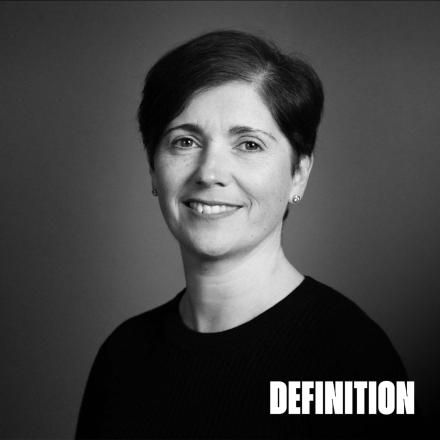 B&W headshot of Framestore's CEO of Film & Episodic. Definition Magazine logo bottom right