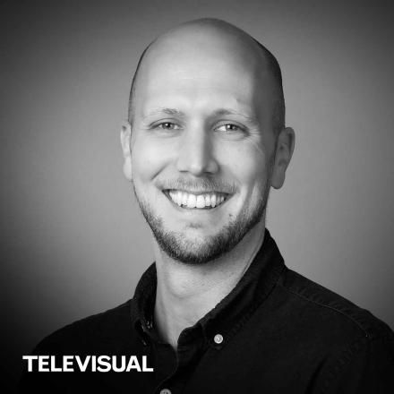 B&W headshot of Gareth Smy with Televisual logo bottom left