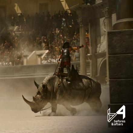 Gladiator II still of rhino in arena. Befores & afters logo bottom right