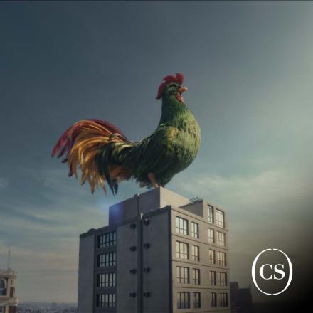 Kellogg's VFX cockerel Cornelius standing atop a building with Creative Salon bottom right corner