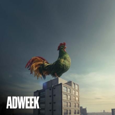 Still from Kellogg's cockerel Cornelius on top of building. Adweek logo bottom left corner