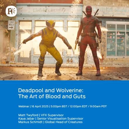 A still from Deadpool and Wolverine showing VFX explosions and the title characters in battle poses. 