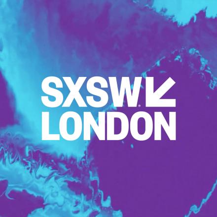A blue and purple marbled background with a white SXSW London in the centre. 