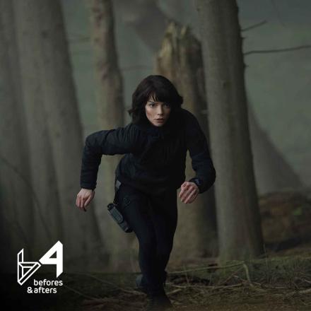 Still of Drasa running through a CG forest in The Gorge. befores & afters logo bottom left
