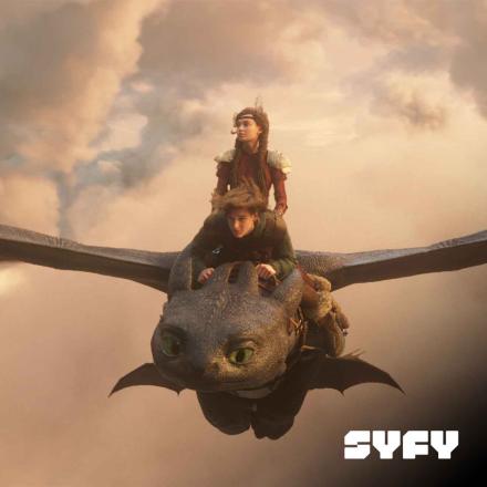 CG dragon Toothless from How To Train Your Dragon SYFY magazine logo