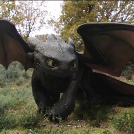 Toothless from How to Train Your Dragon, showcasing lifelike CGI and detailed animation in a forest setting.