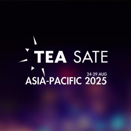 A white TEA SATE Asia Pacific logo on top of a muted multicoloured background.