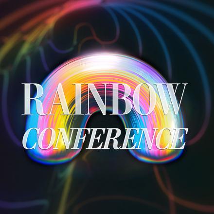 The Rainbow Conference logo in colour on a rainbow coloured and black background.