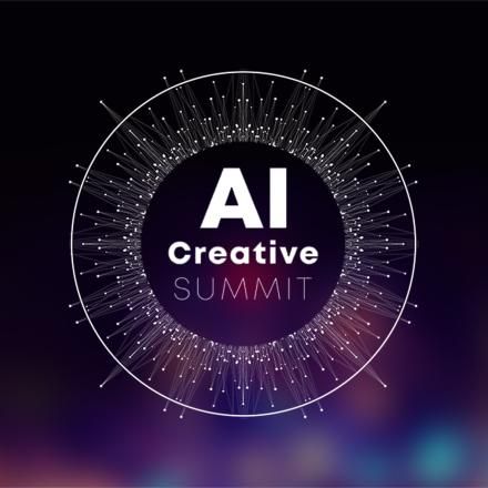 A soft purple and multicoloured background with a white AI Creative Summit logo in the centre.
