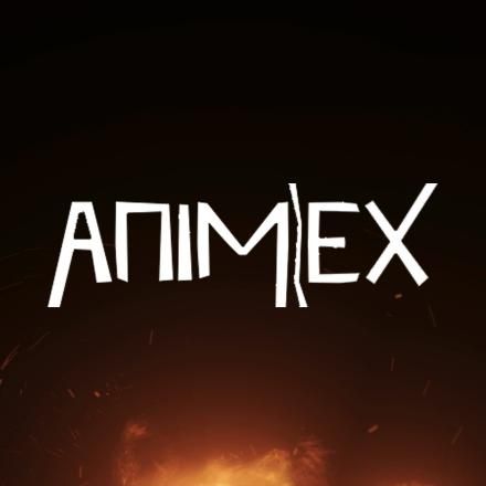 A black background with CGI fire at the bottom and a white Animex logo in the centre. 