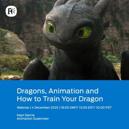 Photo-real CGI Toothless from How To Train Your Dragon cocking his head with curiosity above a blue rectangle containing webinar details.