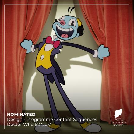 A 2D animated image of Mr Ring a Ding from Doctor Who bursting out of some red curtains.