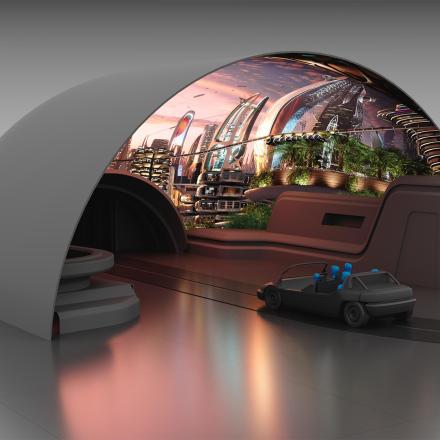 A futuristic ride concept featuring a dome-shaped projection tunnel, track vehicle with passengers, and immersive cityscape environment showcasing advanced architecture.