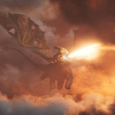 A photo-realistic CGI rendering of the Red Death flying through the air spewing flames from its mouth.