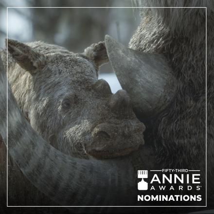 A photo-realistic CGI Woolly Rhino calf and mother in a VFX snowy environment. 