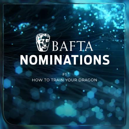 A dark blackground with blue flecks of lights and hexagonal shapes behind a white BAFTA logo in the centre. 
