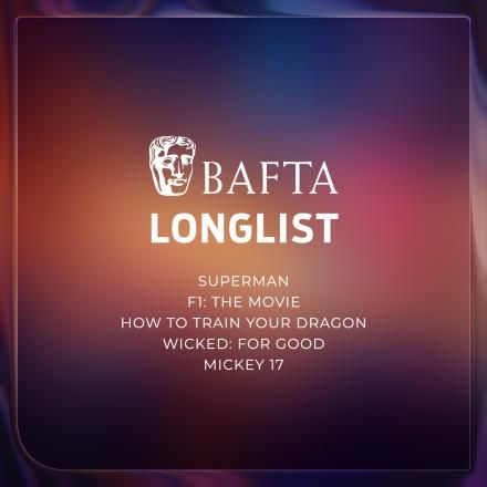 A soft purple and multicoloured background with a white BAFTA logo and white text in the centre. 