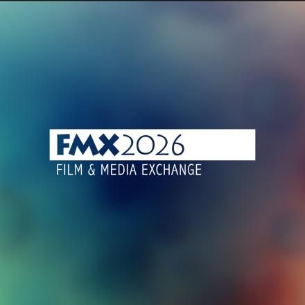 A blue and red abstract background design with a white FMX logo in the centre.