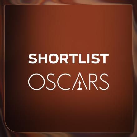 An orange and black gradient background with a clear glasslike frame and the Oscars logo in the centre.