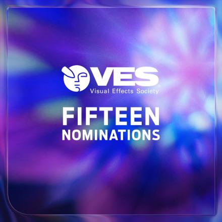 A swirling blue and purple CG background with a white VES logo in the centre above white text. 