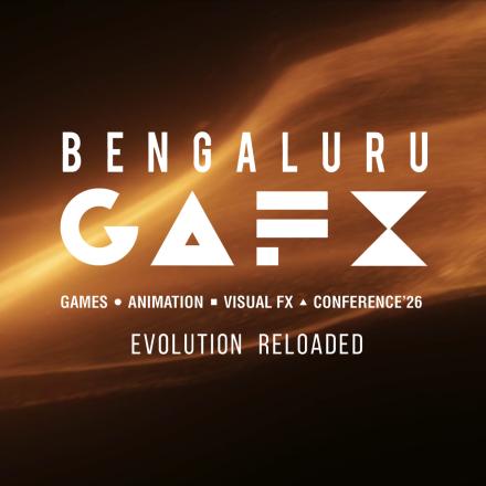 A black background with CG sparks swooping across the image, there is a white Bengaluru GAFX logo in the centre.