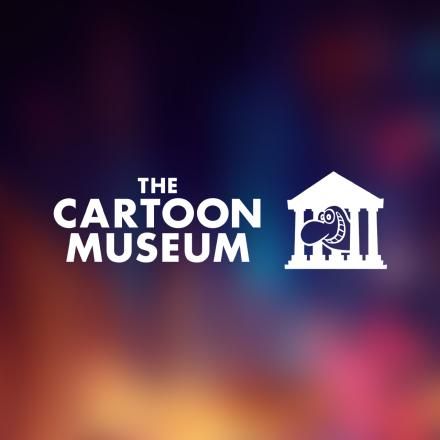 A multicoloured soft background with a white Cartoon Museum logo in the centre.
