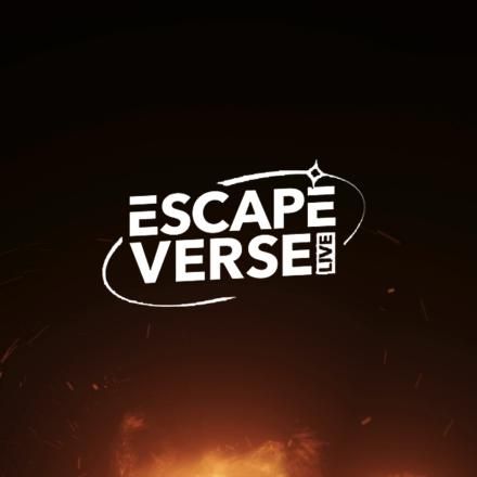 A CG flame and sparks background with a white Escapeverse Live Logo on the right hand side.