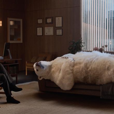 A CG animated polar bear lays on a therapists couch, his therapist (played by Taika Waititi) sits across sitting on a chair